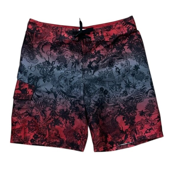 OP Ocean Pacific Vintage Red Graphic Print Board Shorts Swim Trunks Mens Size 36 - Picture 1 of 16
